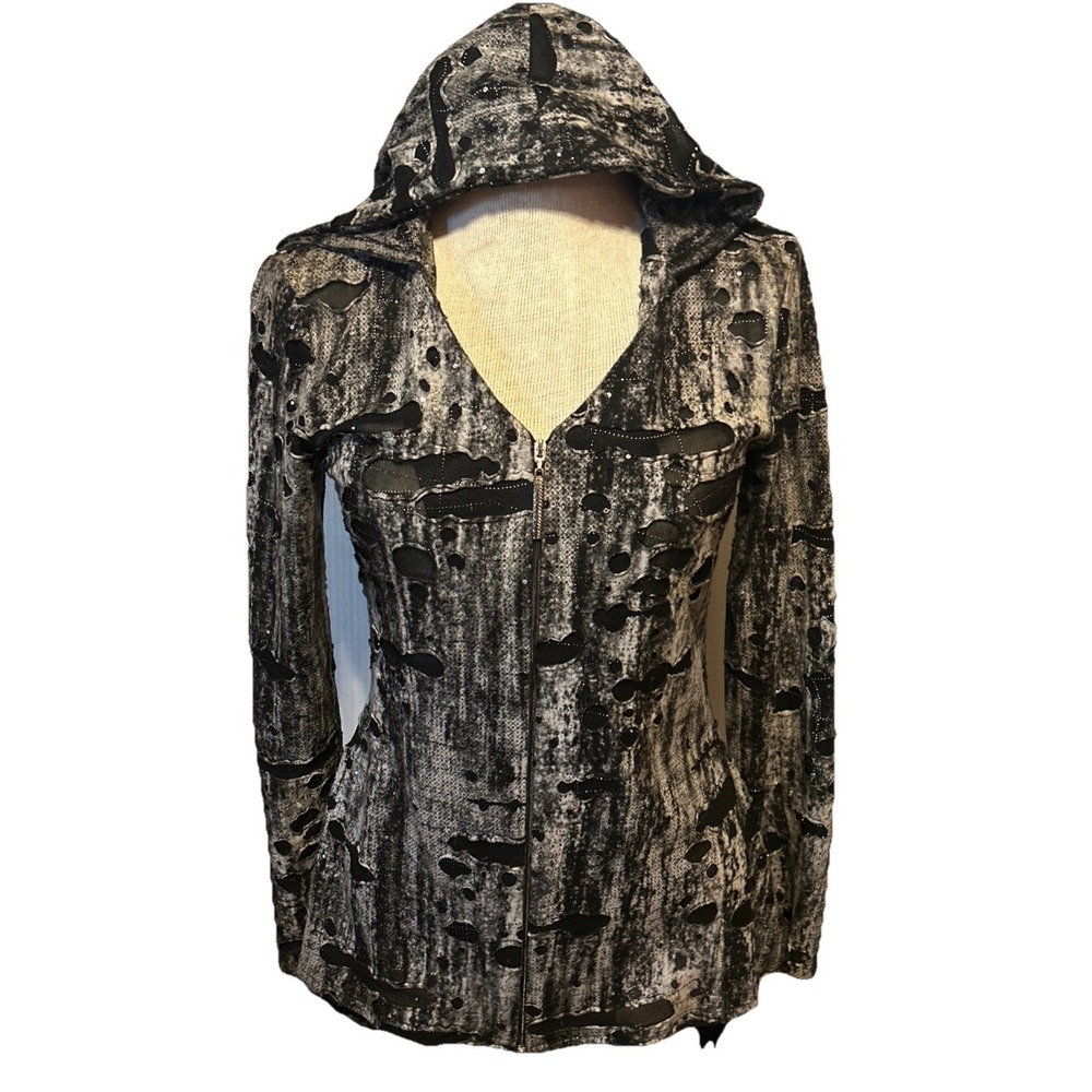 Nueva Womens Hooded Cardigan Size 4 Black & Gray Jacket Lightweight Casual
